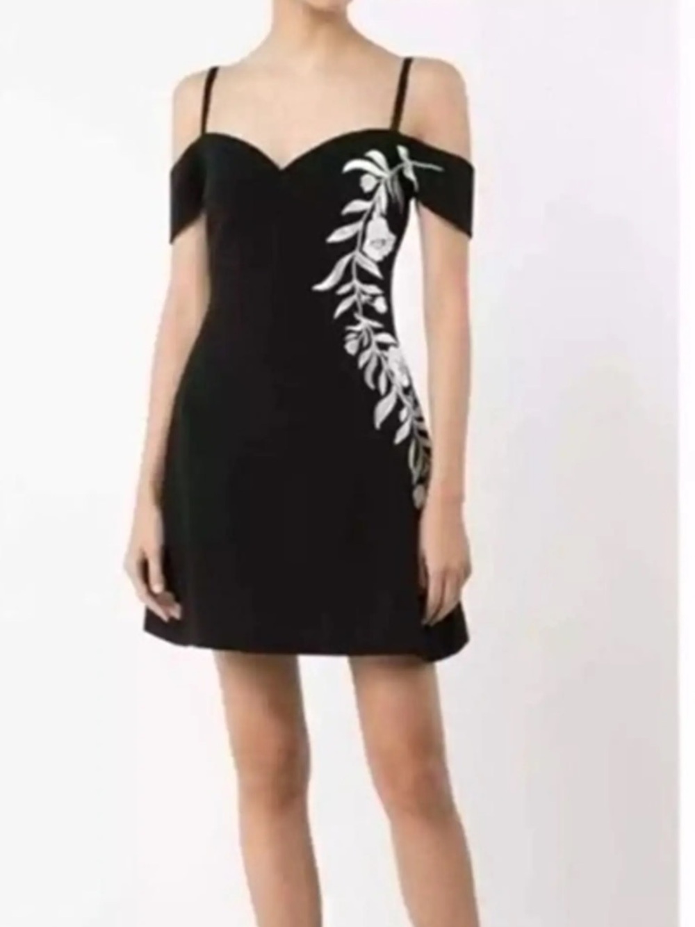 cinq a sept Black Off-Shoulder Mini Dress with Flower Embroidered Appliqué